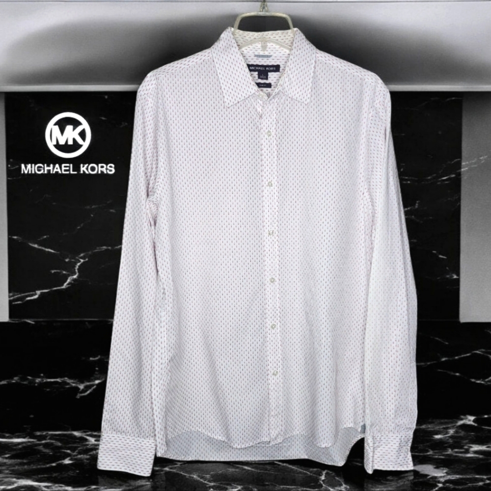 MICHAEL KORS White With Red Spotted Button Down Shirt - Large